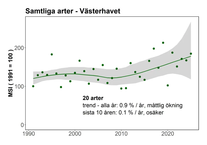 Indikatorn för övervintrande sjöfåglar i Västerhavet - samtliga arter