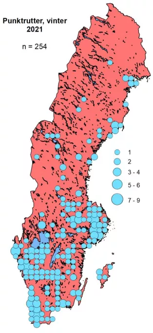En karta med blå punkter i olika storlekar. Illustration
